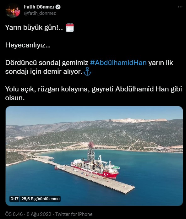 Bakan Dönmez 'Yarın büyük gün' diyerek duyurdu: 'Mavi Vatan'ın en güçlüsü Abdülhamid Han ilk sondajı için demir alıyor'